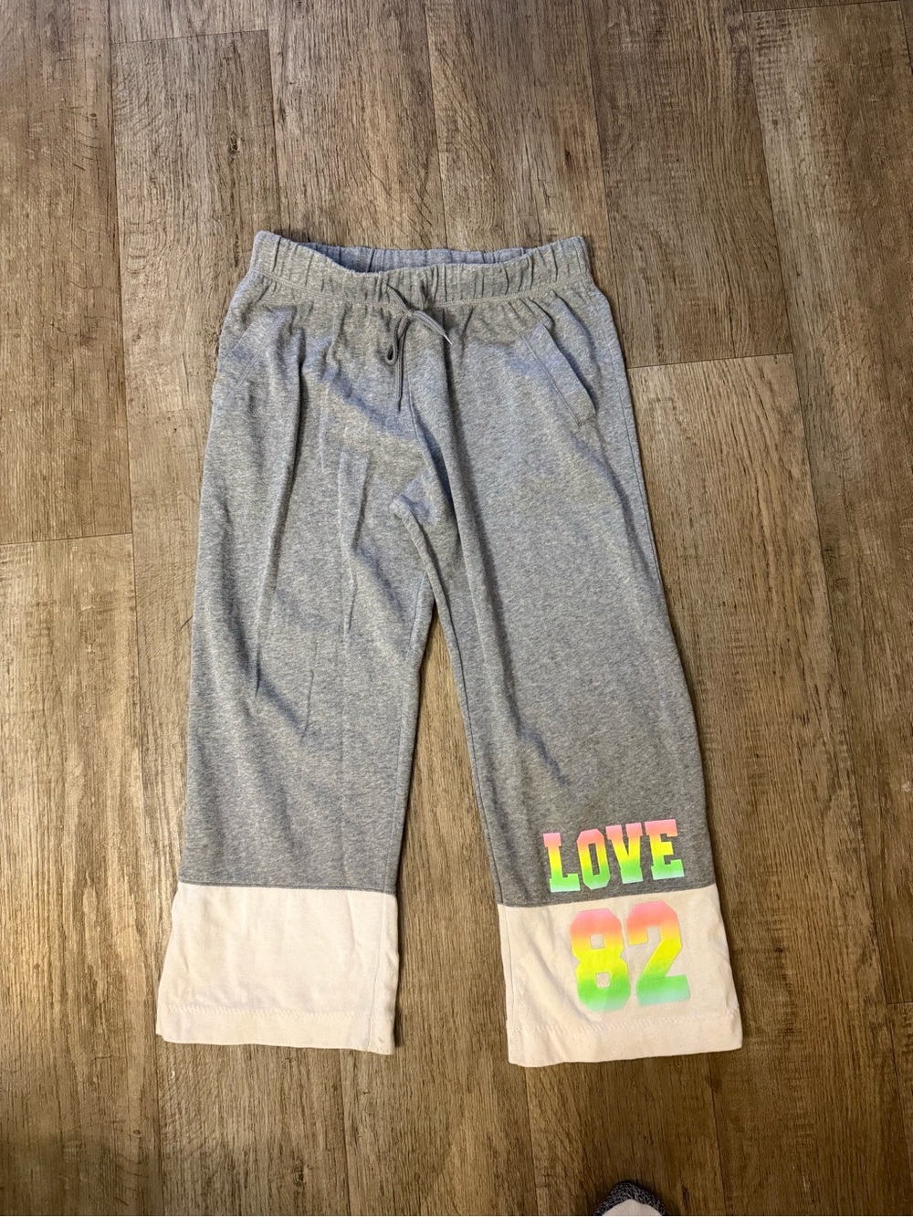 No Boundaries Gray Capri Sweatpants with Neon LOVE 82 Accent